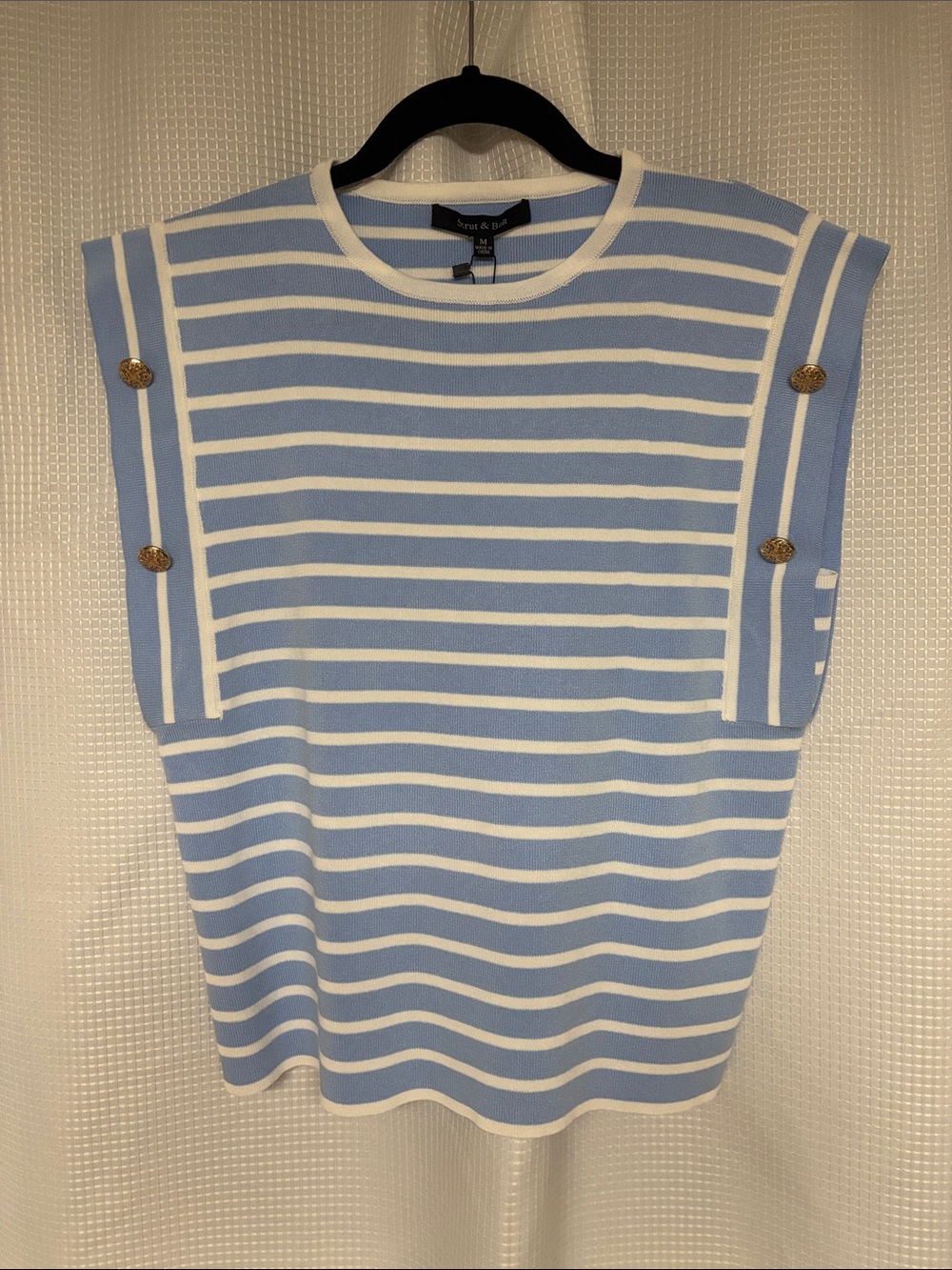 Strut & Bolt, Light Blue & White Sleeveless Knit Tank with Gold Buttons